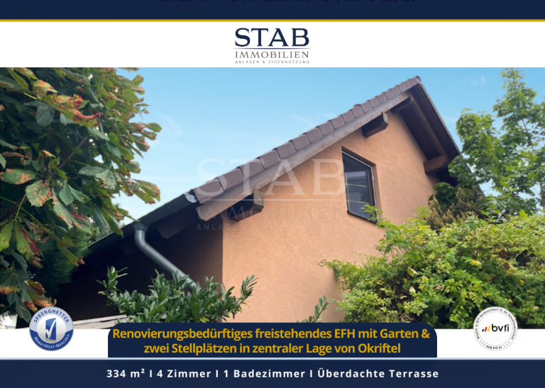 Renovierungsbed�rftiges freistehendes Einfamilienhaus mit Garten, Terrasse und Stellpl�tzen in Okriftel Okriftel Haus Freistehendes Einfamilienhaus mit Garten und 2 Stellpl�tzen in zentraler Lage von Okriftel