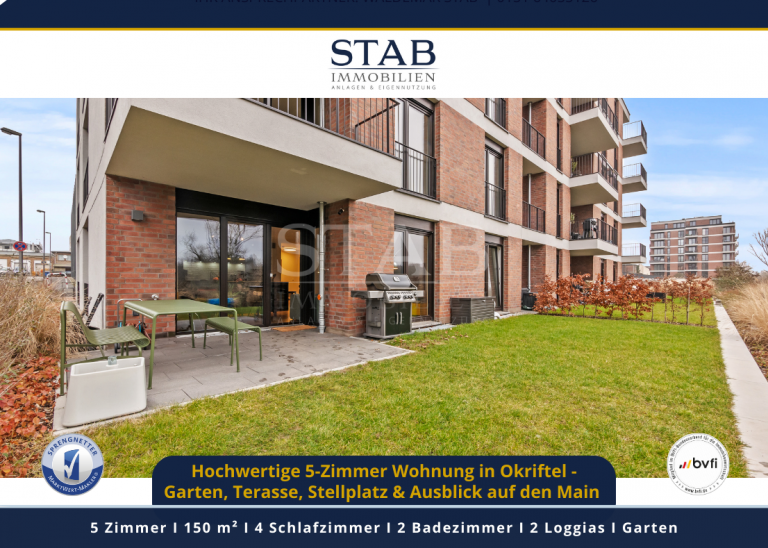 Hochwertige 5-Zimmerwohnung in Okriftel Hattersheim am Main Erdgeschosswohnung Hochwertige 5-Zimmer Wohnung mit EBK, Garten, Terasse, Stellplatz und Ausblick auf den Main